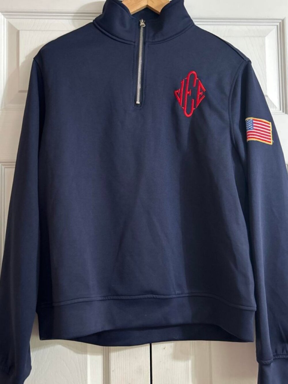 Navy Quarter-Zip Pullover with Red Monogram and Flag Patch Size L